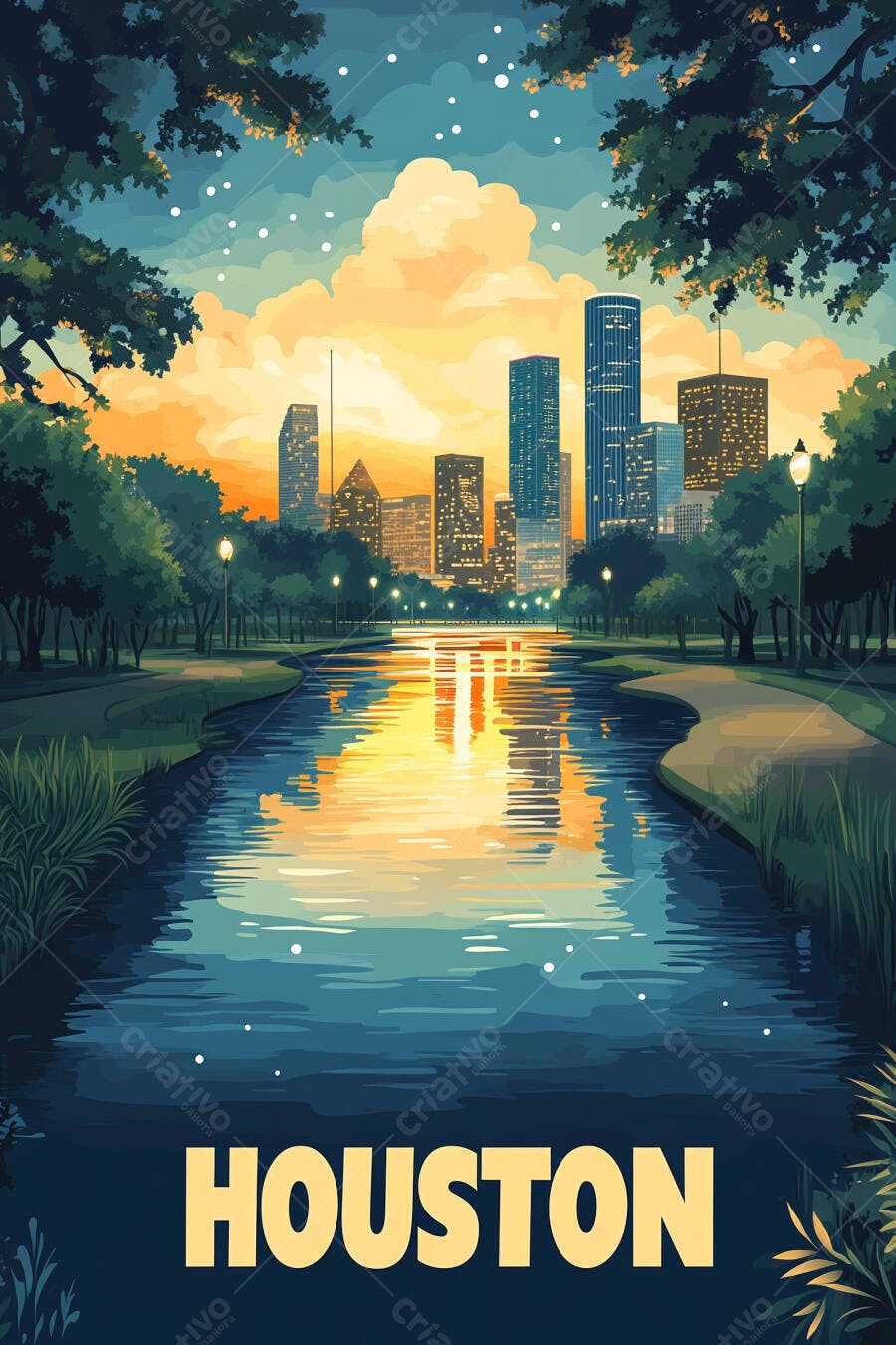 Houston Texas skyline parque urbano com rio entardecer ilustração vibrante