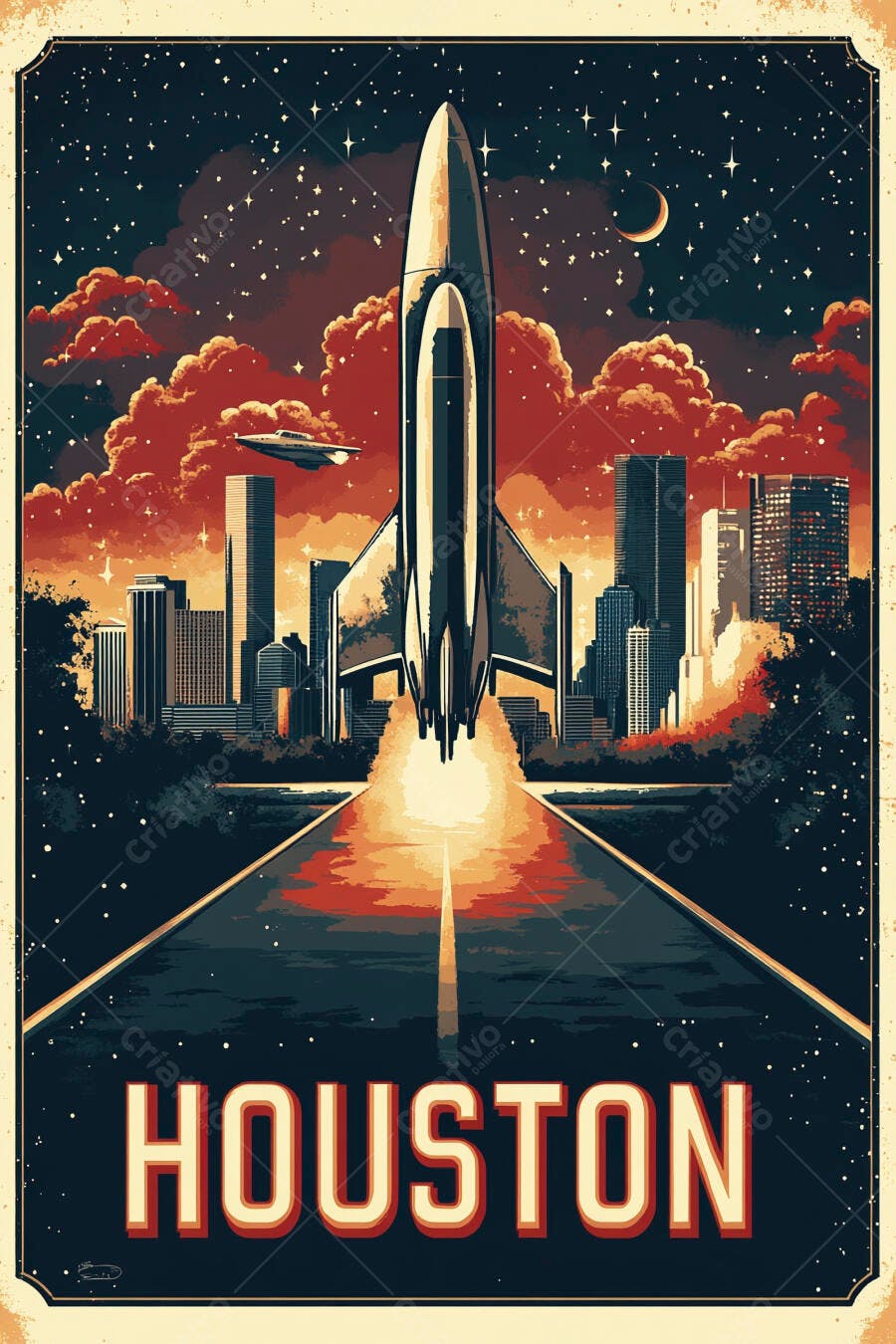 Foguete decolando em Houston à noite com arranha-céus e estrelas