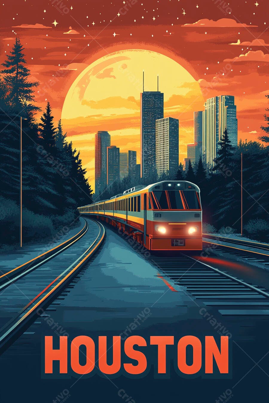 Trem de passageiros na ferrovia com horizonte de Houston ao pôr do sol em ilustração
