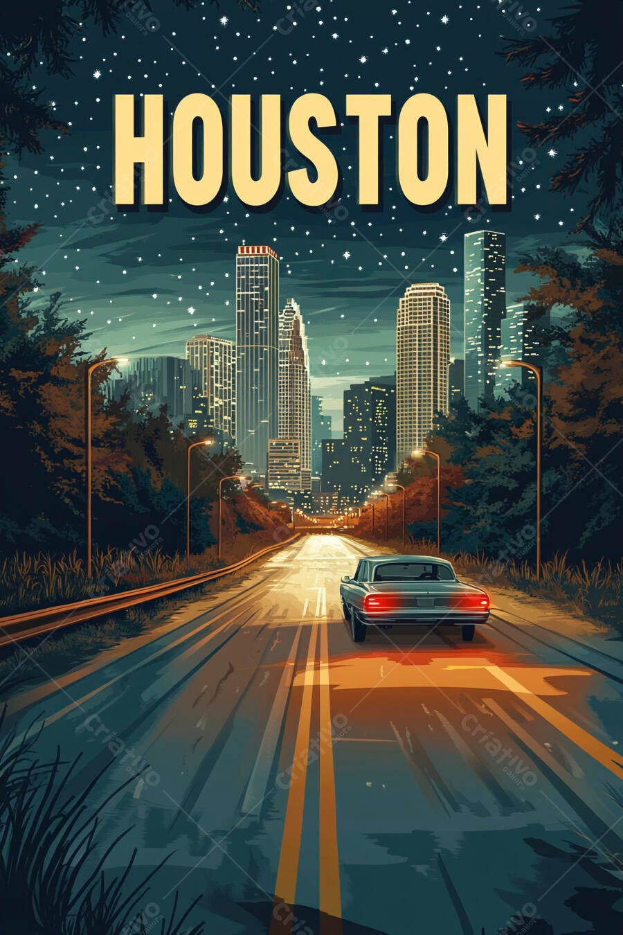 Houston paisagem urbana noturna carro clássico em estrada estrelada