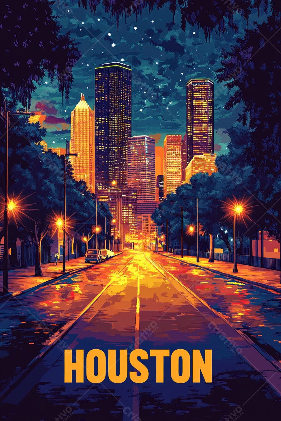Horizonte de Houston à noite com arranha-céus iluminados e rua vibrante
