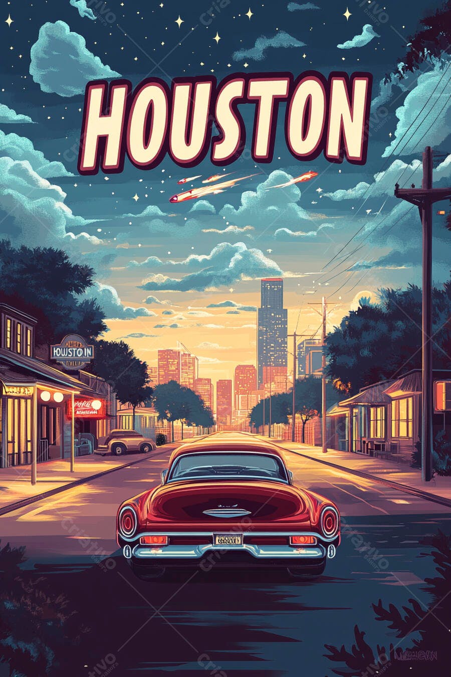 Carro clássico vermelho em Houston ao entardecer com letreiro grande