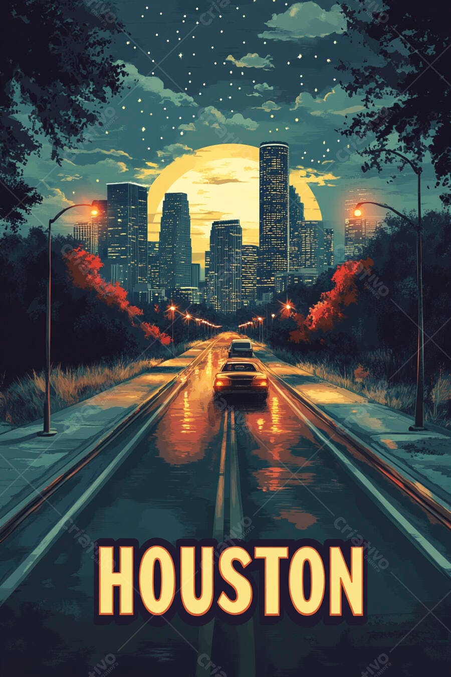 Cidade de Houston à noite com rua molhada e carros sob lua cheia