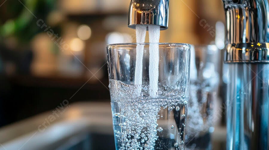 Água potável fresca sendo despejada em copo transparente de torneira cromada