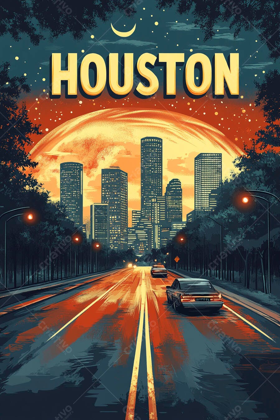 Houston cidade ilustração noturna pôr do sol laranja com arranha-céus e carros