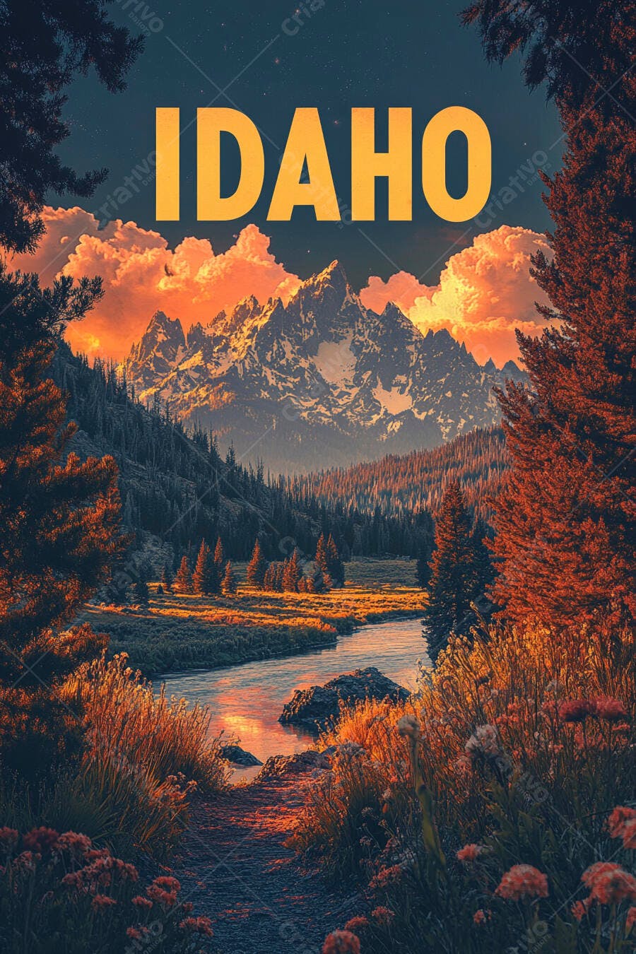 Idaho paisagem montanhosa rio florestas pôr do sol laranja e azul vibrante