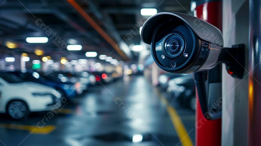 Câmera de segurança moderna em estacionamento subterrâneo com carros e luzes fluorescentes