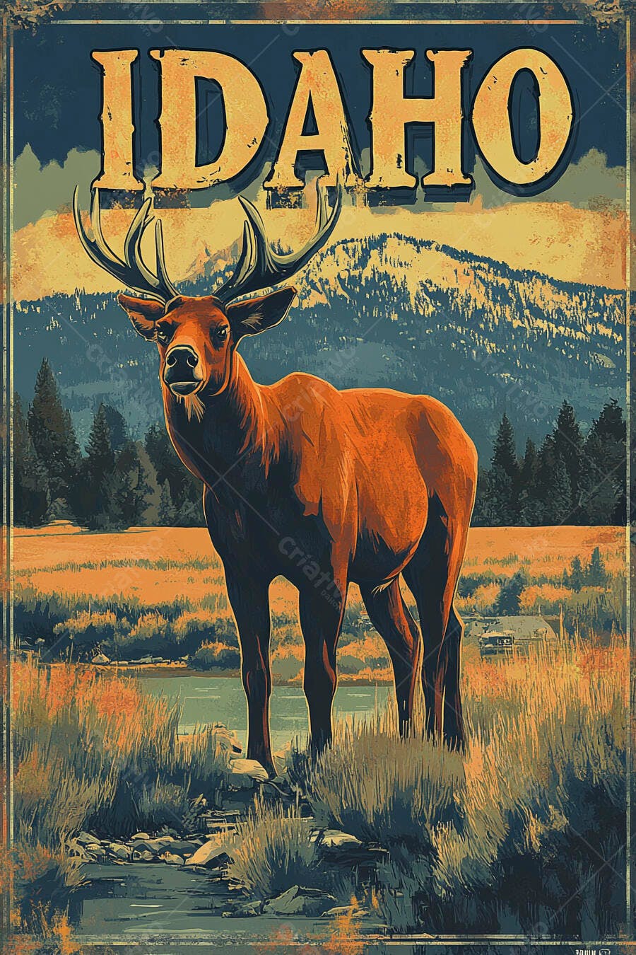 Cervo majestoso em paisagem de Idaho montanhosa arte poster vintage