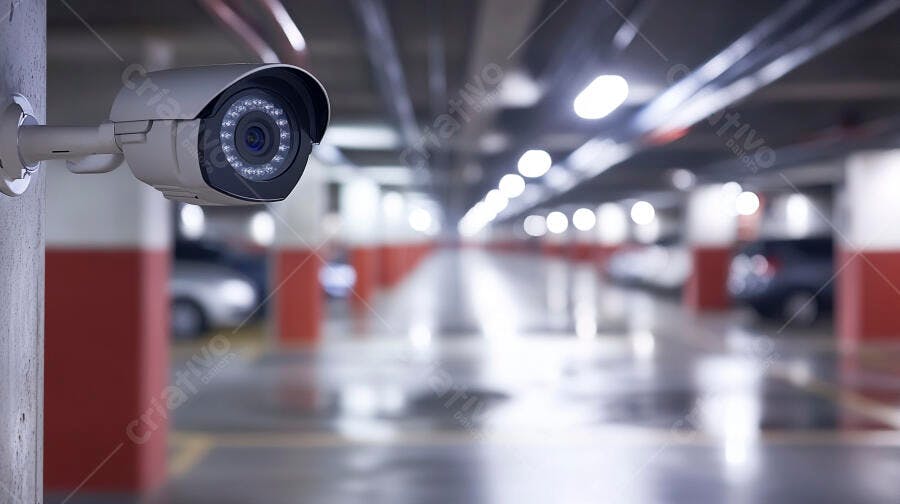Câmera de segurança cinza em estacionamento subterrâneo com luzes fluorescentes