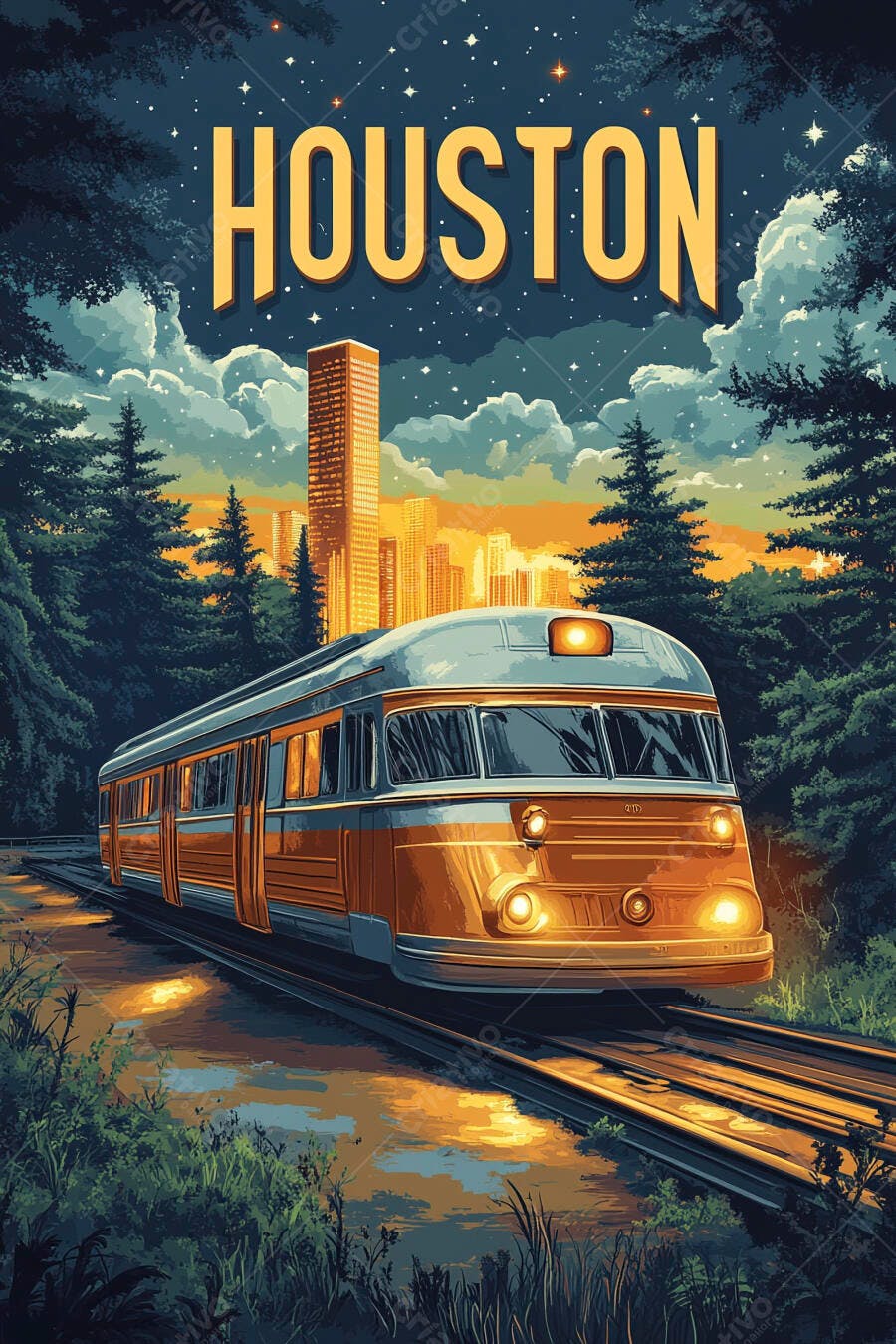 Pôster vintage Houston trem elétrico noturno floresta cidade iluminada