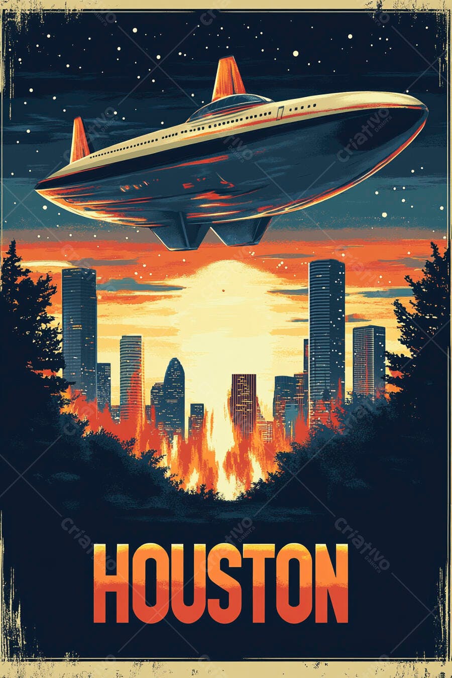 Nave espacial azul e laranja voando sobre Houston ao pôr do sol estilo retrô