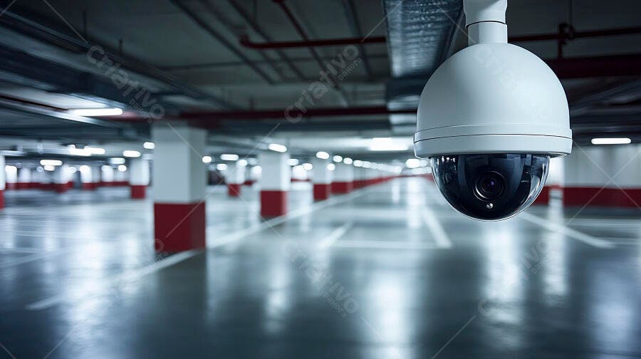Câmera de segurança branca dome em estacionamento subterrâneo vazio moderno com pilares vermelhos