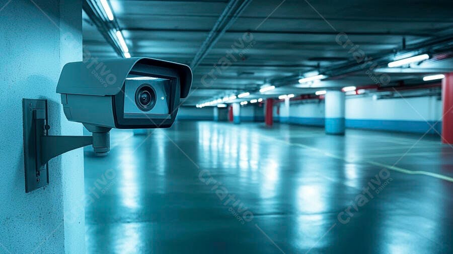 Câmera de segurança em estacionamento subterrâneo vazio com iluminação azulada