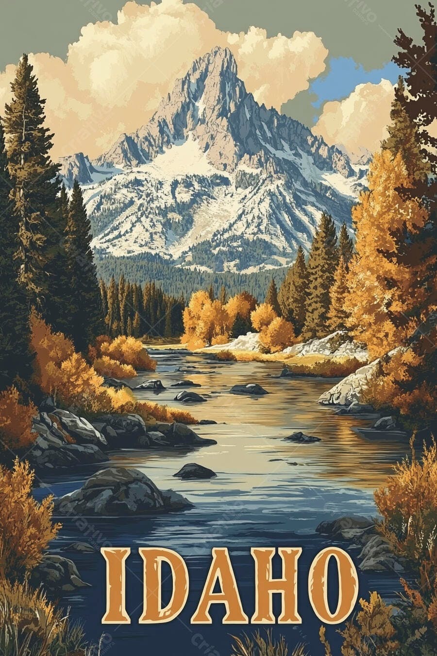 Montanha nevada e rio em paisagem outonal do Idaho arte vintage