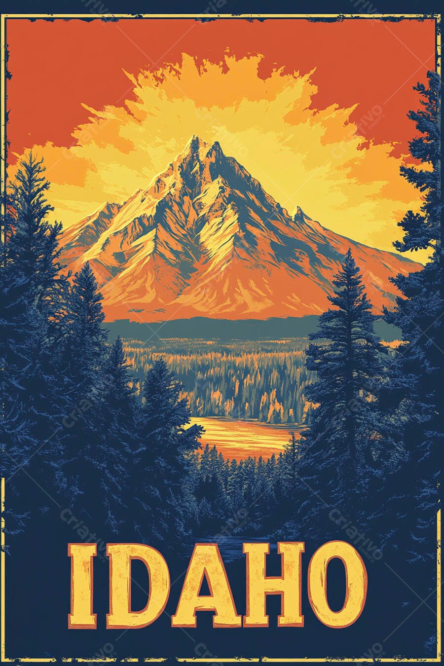 Pôster de viagem vintage Idaho montanha floresta lago cores quentes