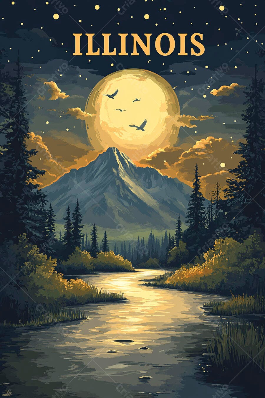 Ilustração noturna de Illinois com lua cheia e montanhas