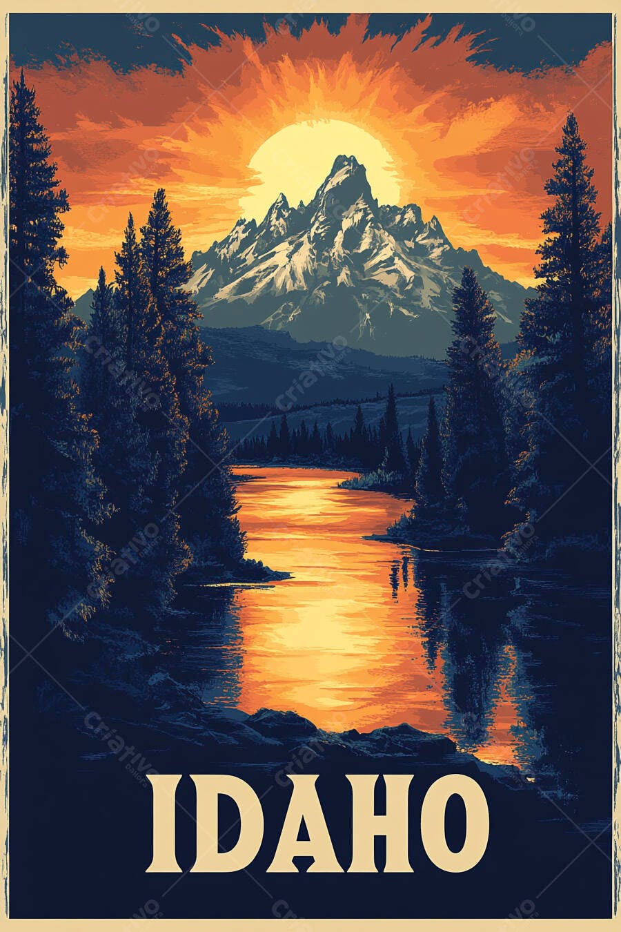 Pôster vintage Idaho com montanhas rio e pôr do sol