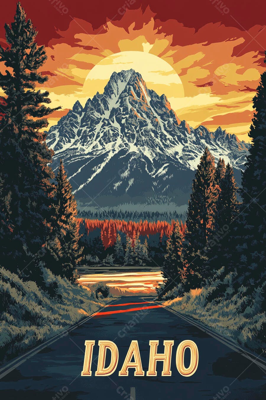 Montanha nevada e floresta com estrada ao pôr do sol em Idaho