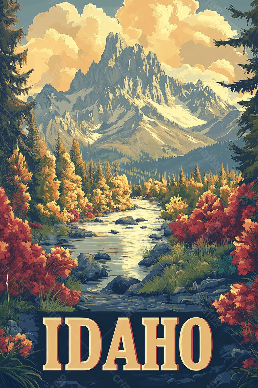 Montanhas de Idaho rio e floresta outonal ilustração poster de viagem