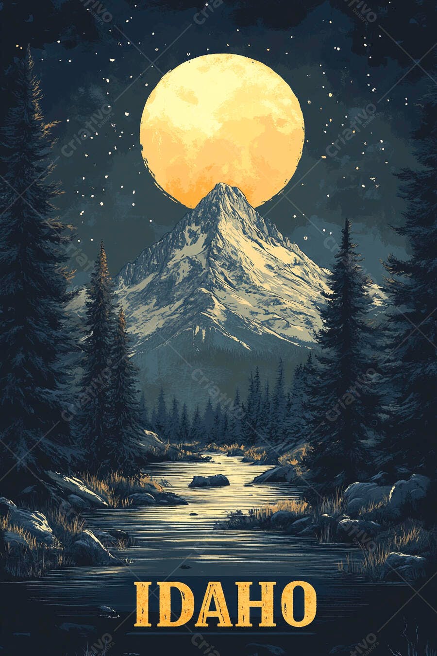 Lua cheia iluminando montanha nevada rio e floresta Idaho à noite