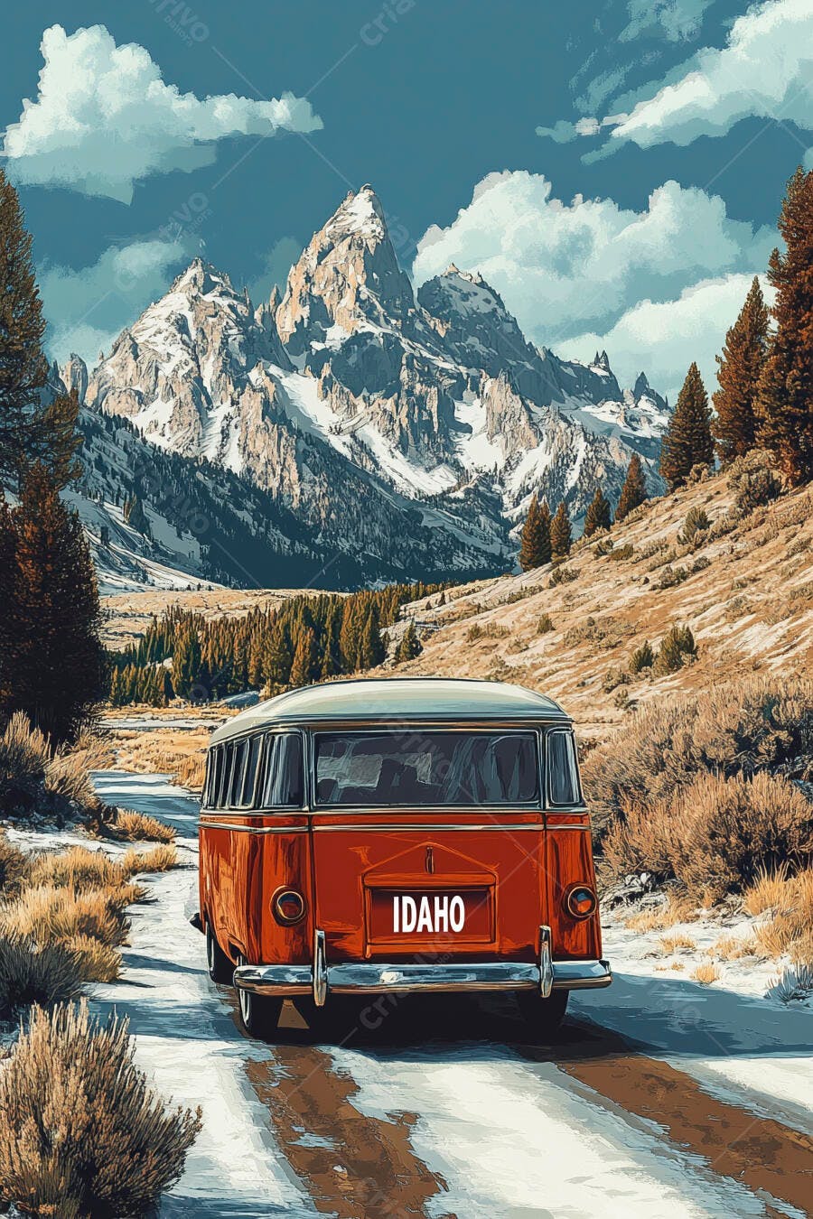 Kombi laranja vintage em estrada com neve montanhas Grand Teton Idaho