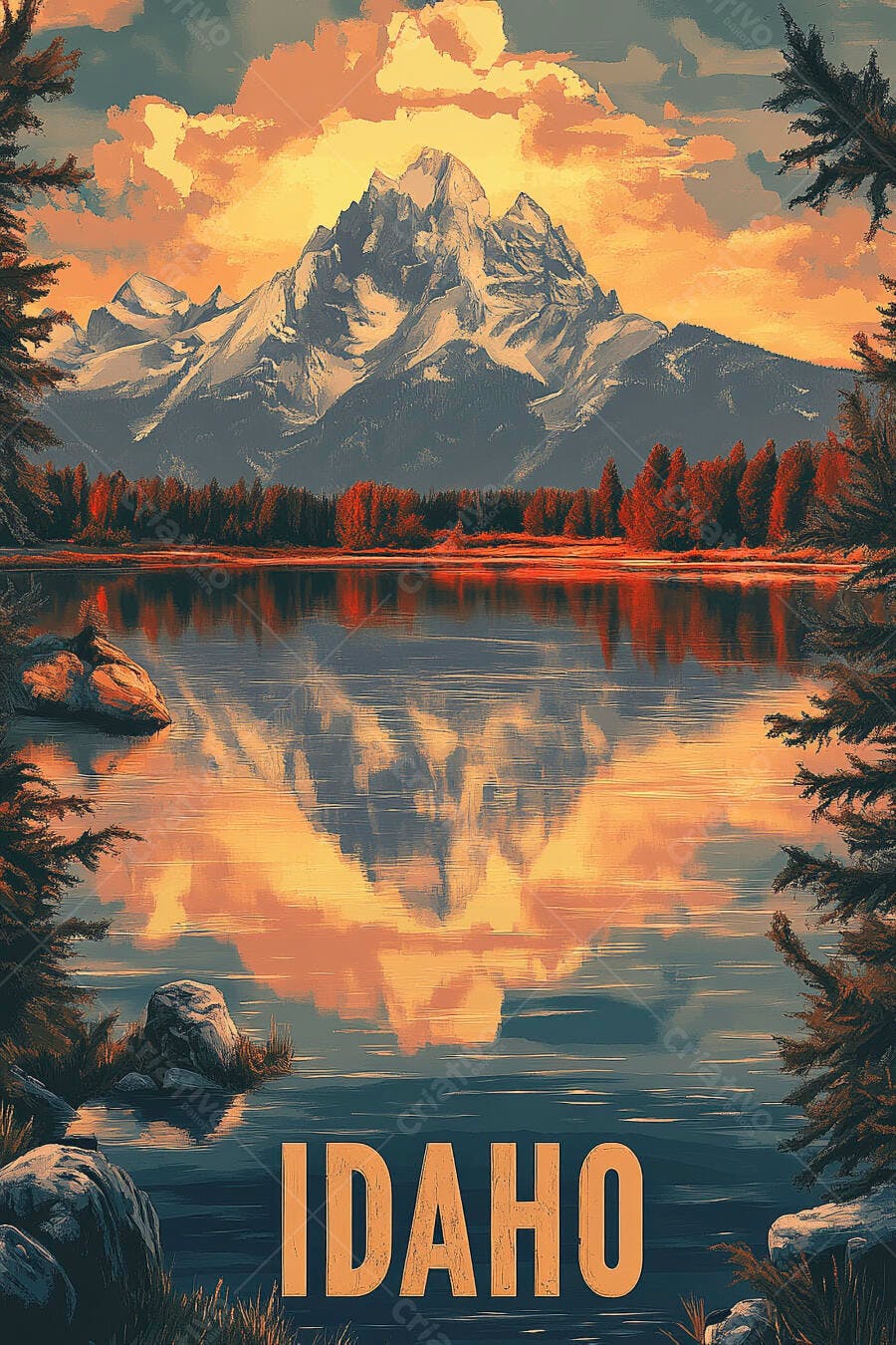 Idaho paisagem de montanhas e lago com pôr do sol refletido