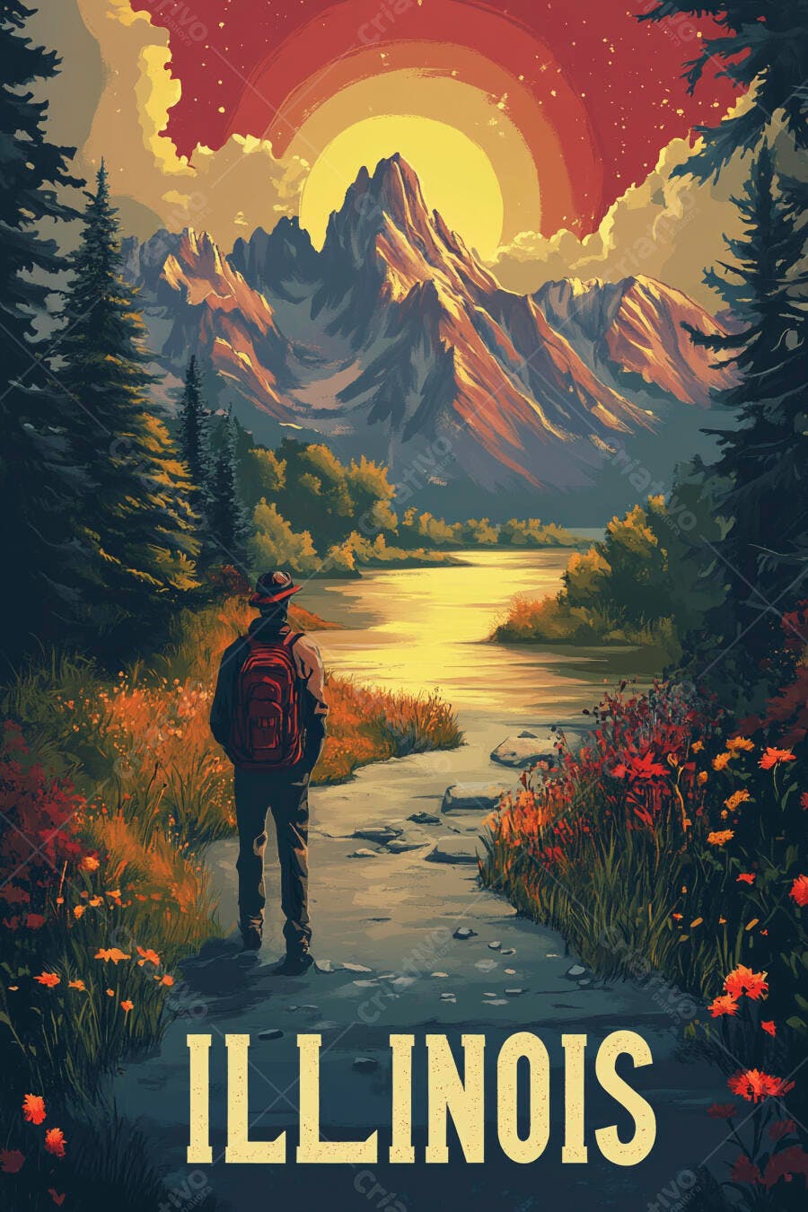 Homem com mochila vista de costas para montanhas rio pôr do sol laranja Illinois