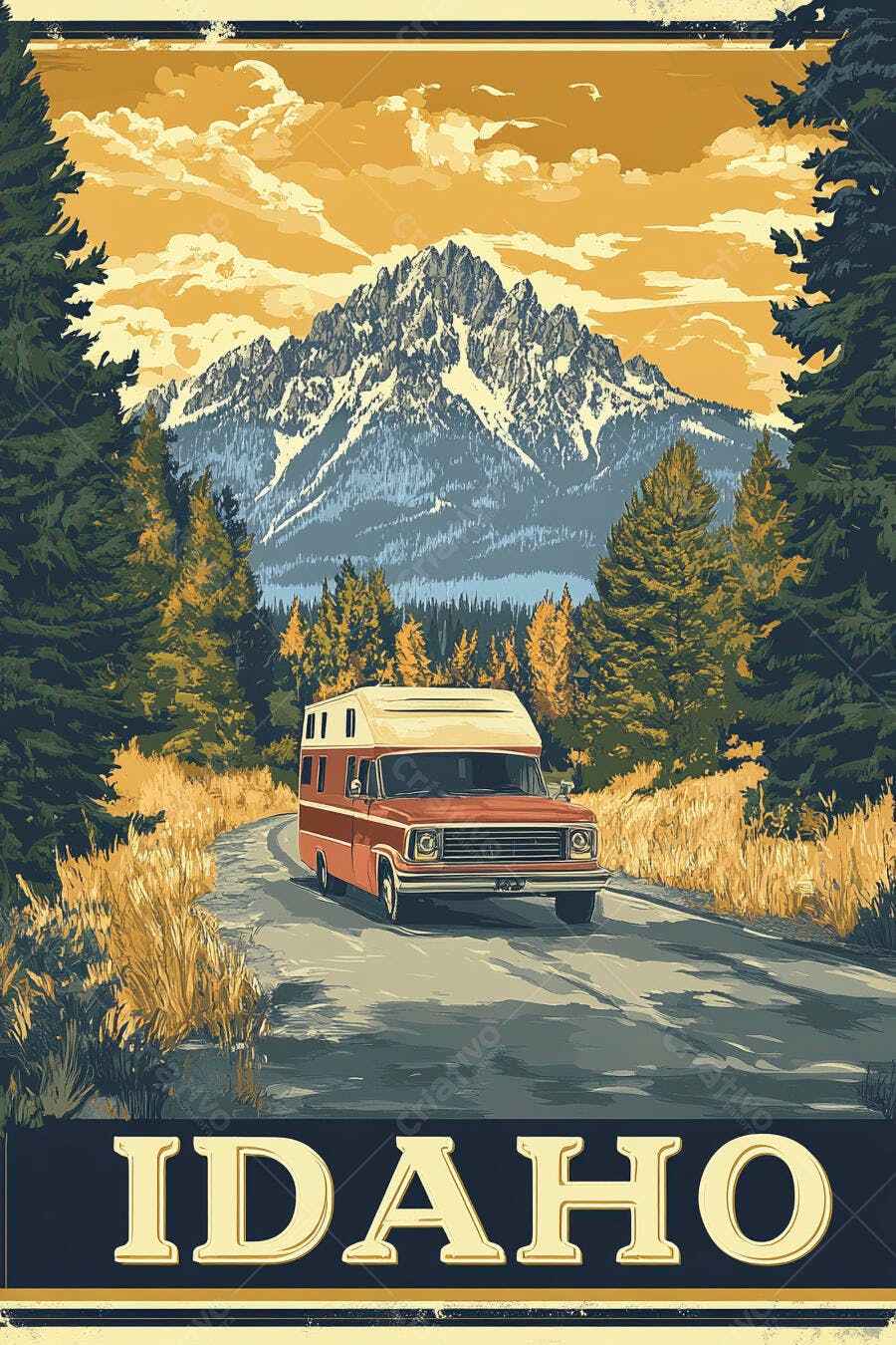 Camper van vintage em estrada montanhosa de Idaho com pinheiros e neve