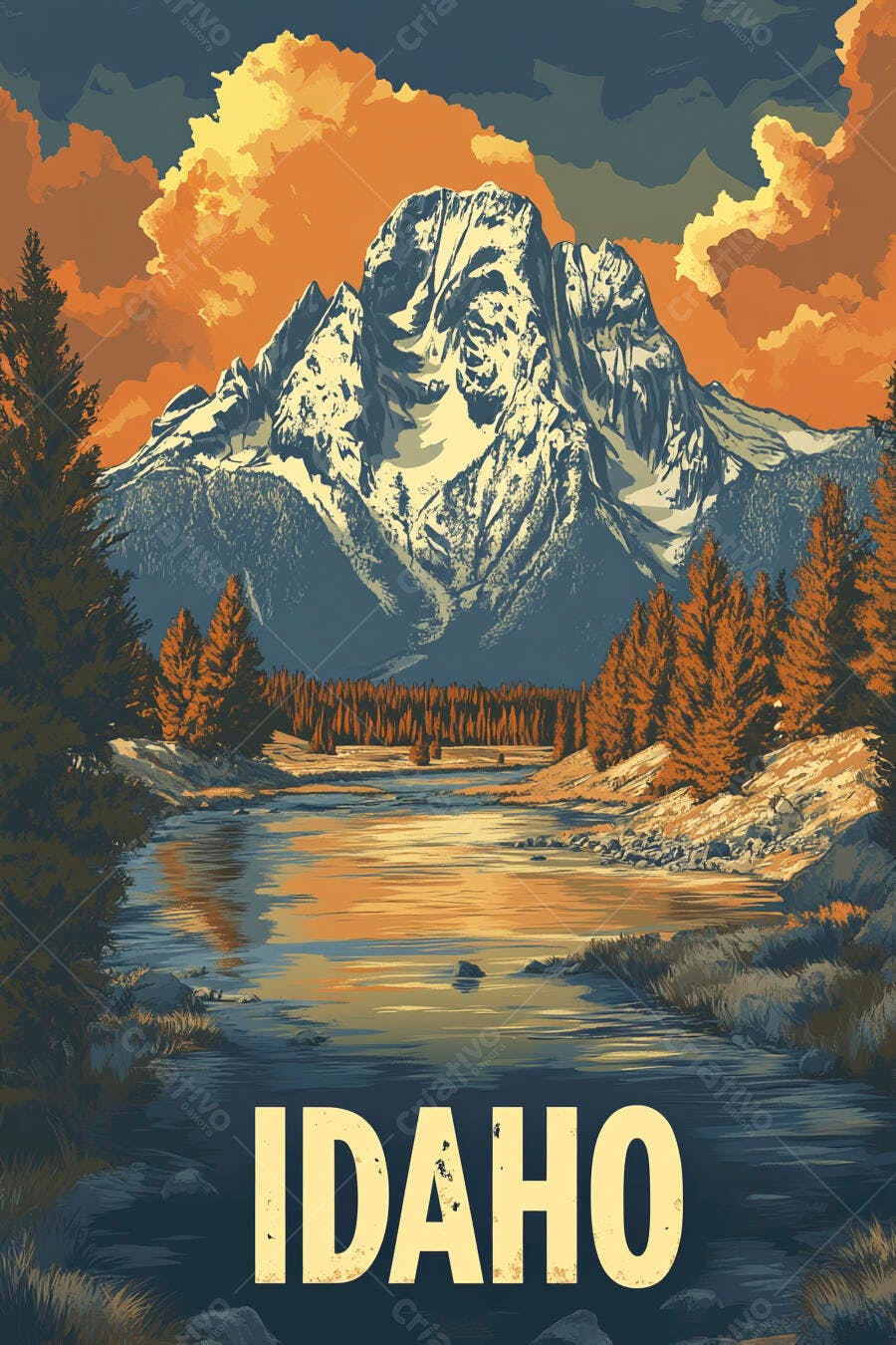 Cenário montanhoso de Idaho com rio e nuvens alaranjadas pôster vintage