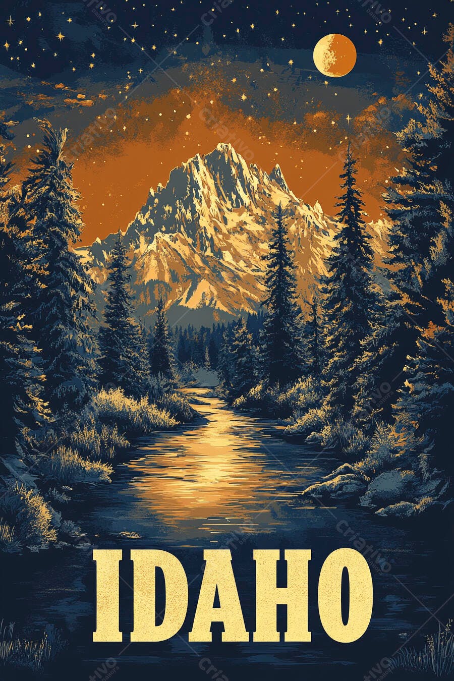 Paisagem montanhosa noturna com rio e pinheiros em Idaho poster vintage