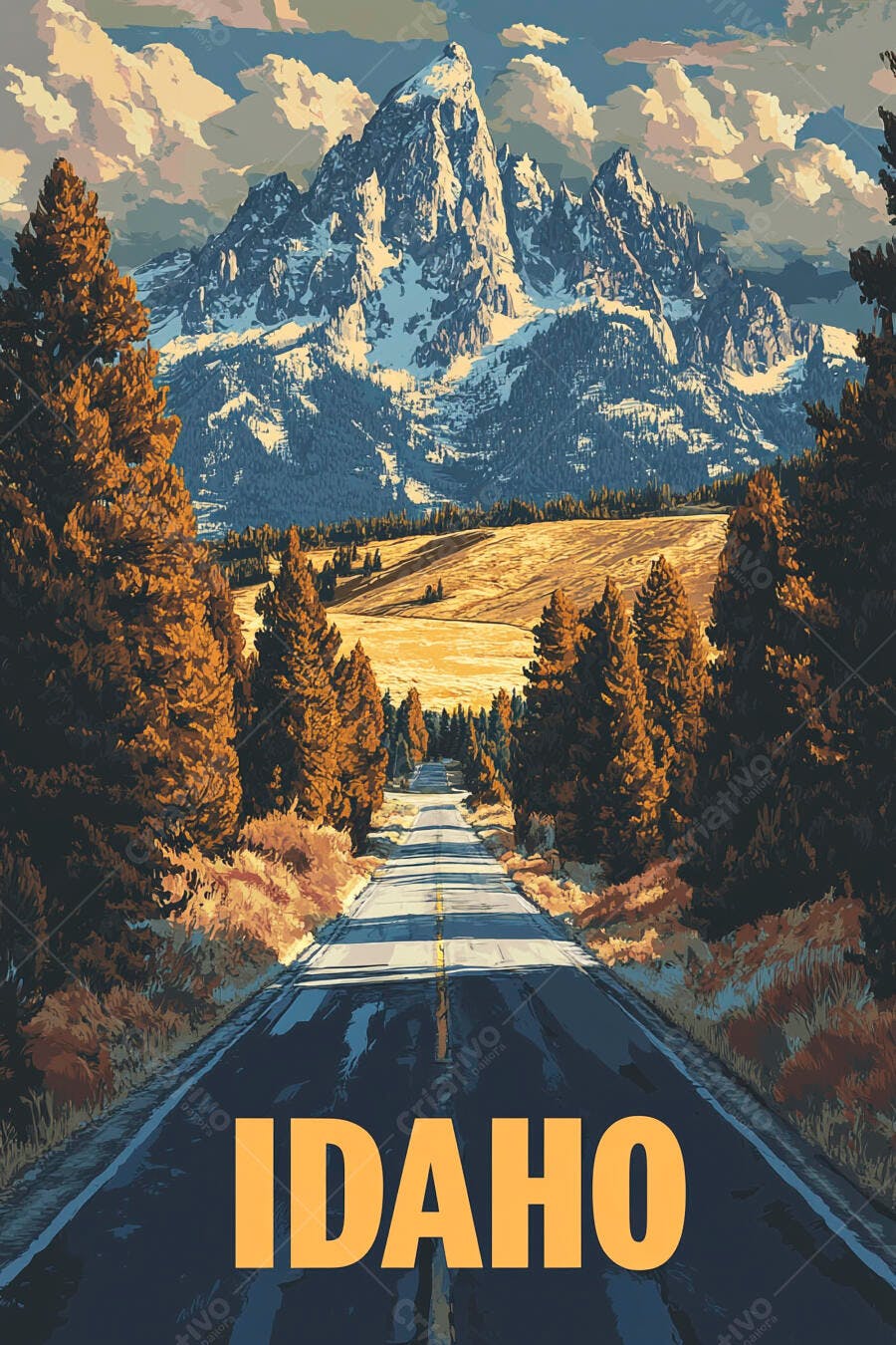Estrada panorâmica com pinheiros outonais e montanhas nevadas de Idaho ilustração