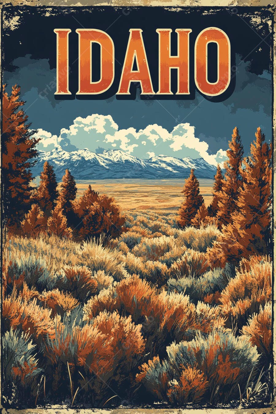 Cartaz vintage Idaho paisagem montanhosa desértica com vegetação e pinheiros