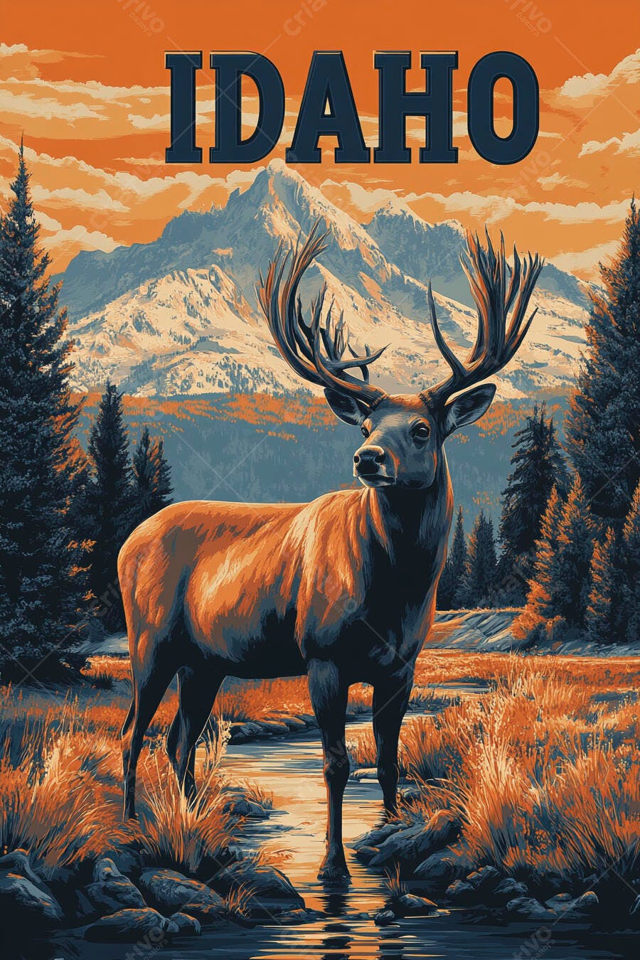 Cervo majestoso em paisagem montanhosa de Idaho com cores laranja e azul