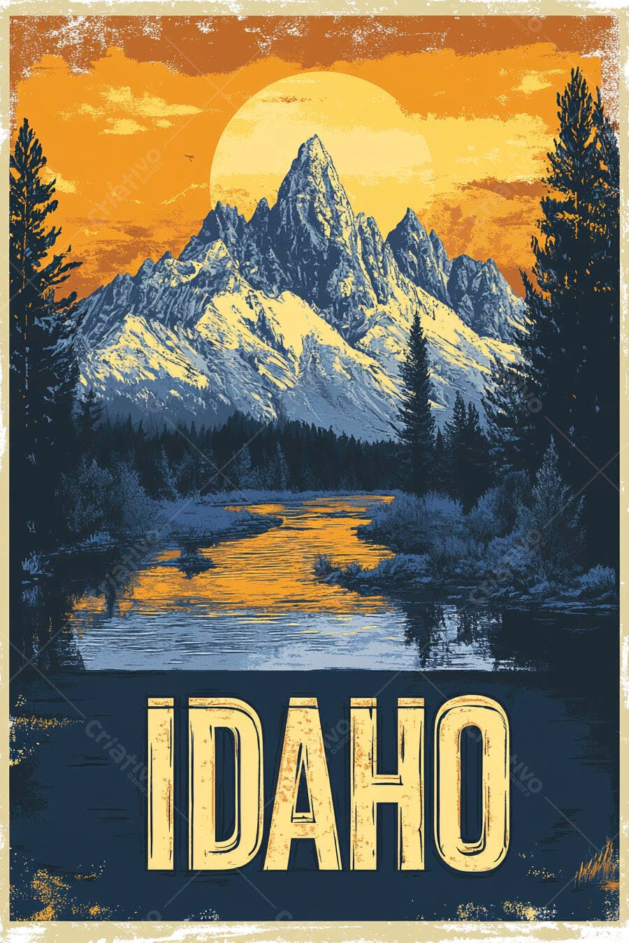 Pôster vintage Idaho montanhas rio pinheiros sol laranja ilustração retrô