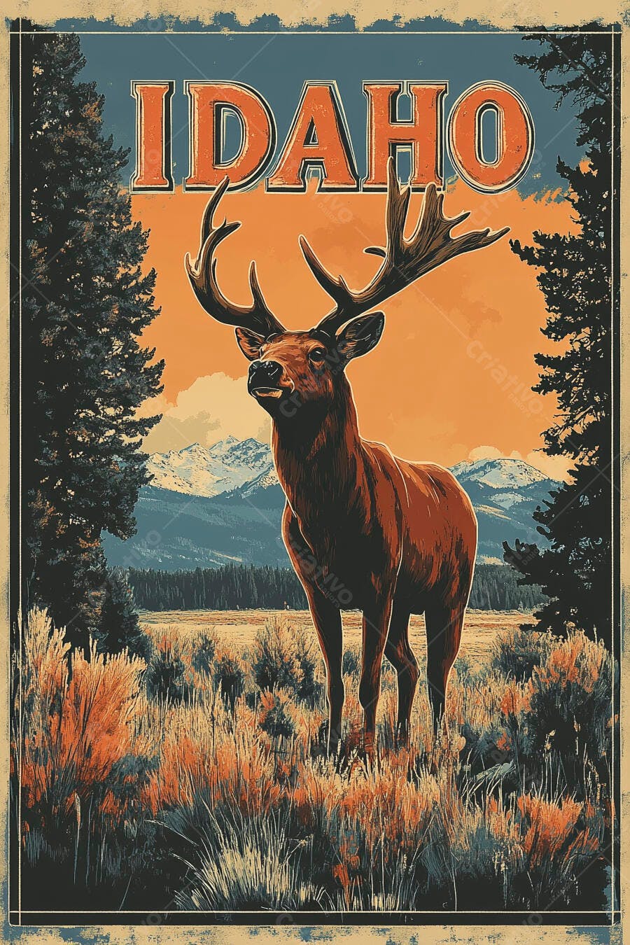 Wapiti marrom em campo com montanhas nevadas e céu laranja Idaho