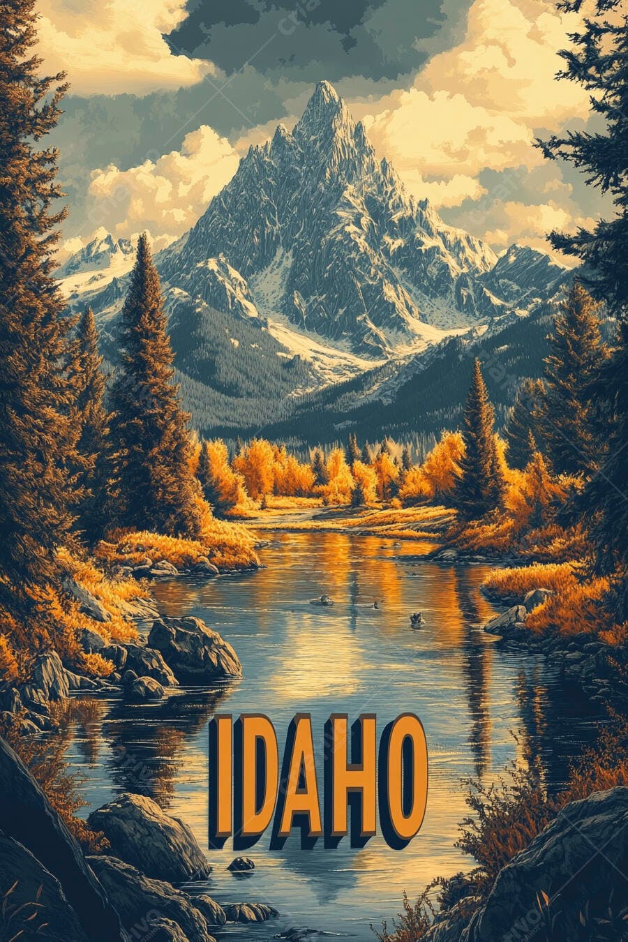 Montanhas rochosas outonais com rio e árvores douradas em Idaho