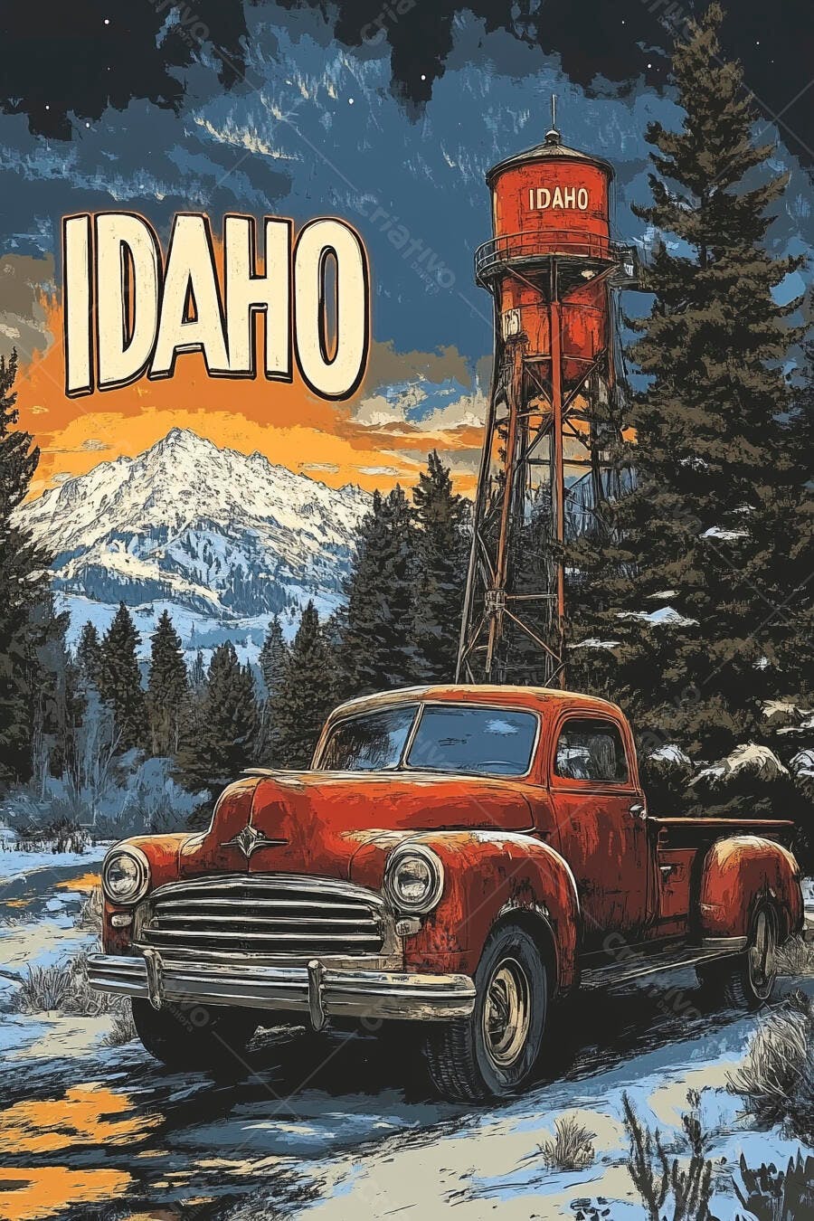 Caminhonete vermelha clássica em Idaho com montanhas nevadas e torre d'água