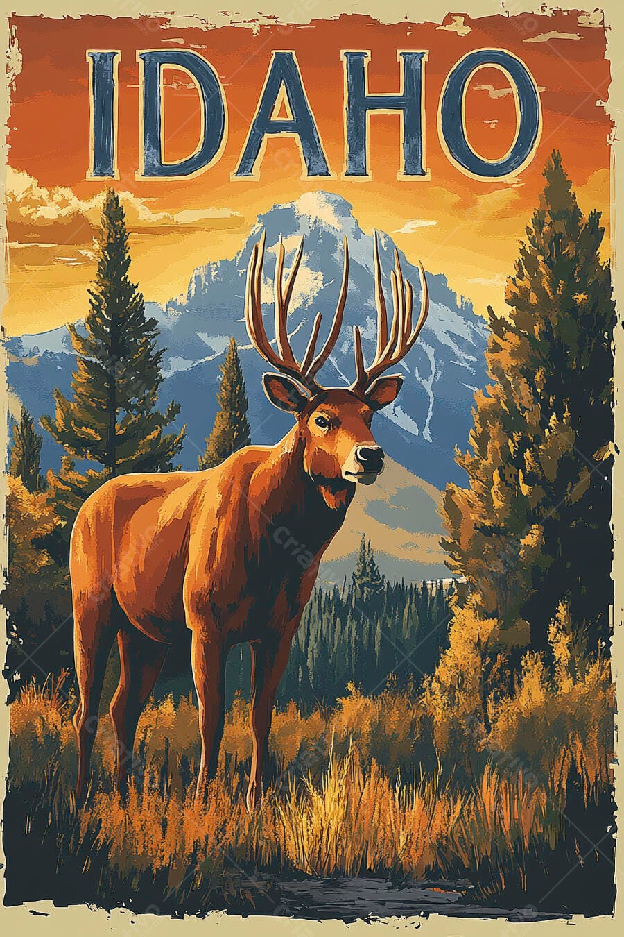 Pôster vintage Idaho com cervo imponente, montanhas azuis e céu laranja