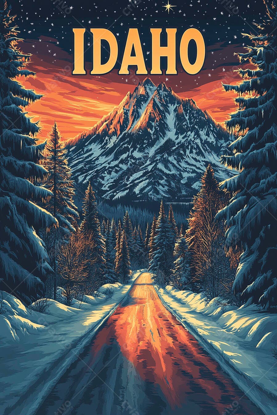 Pôster de viagem Idaho montanha nevada floresta de pinheiros e céu laranja