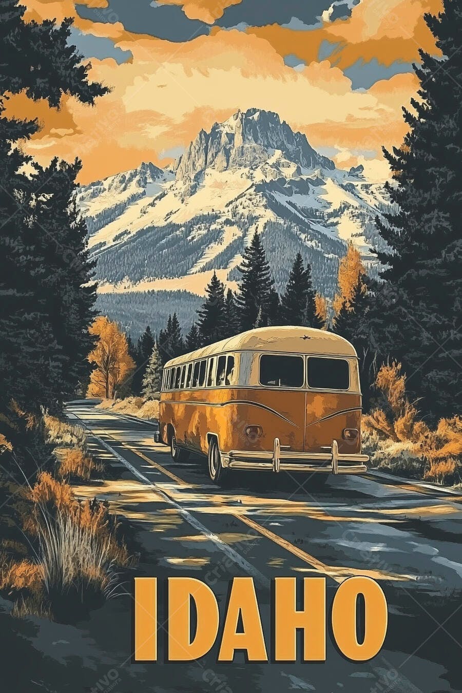 Ônibus vintage em estrada de montanha no Idaho com paisagem outonal