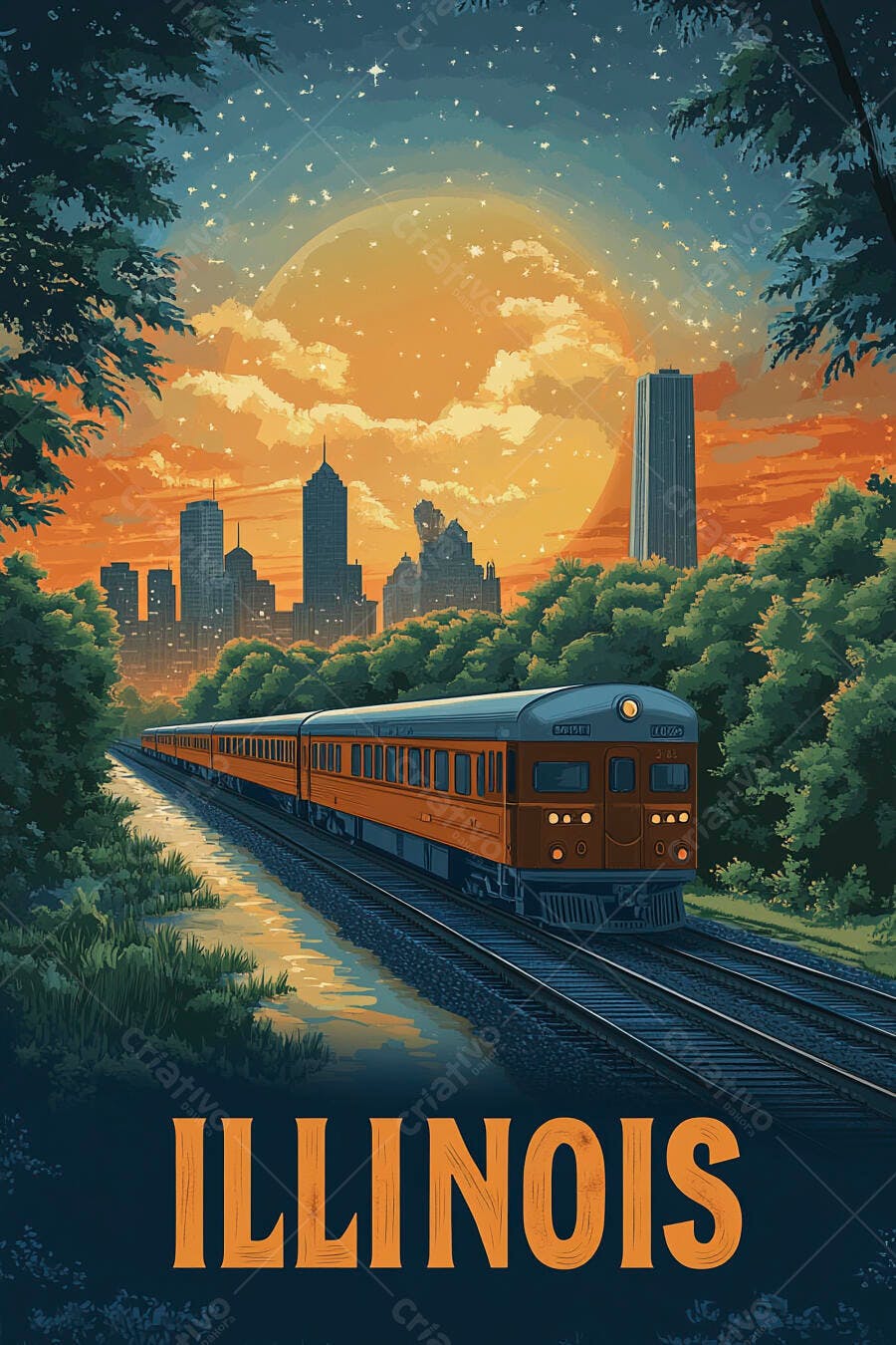 Trem laranja vintage em trilhos com horizonte da cidade Illinois ao anoitecer