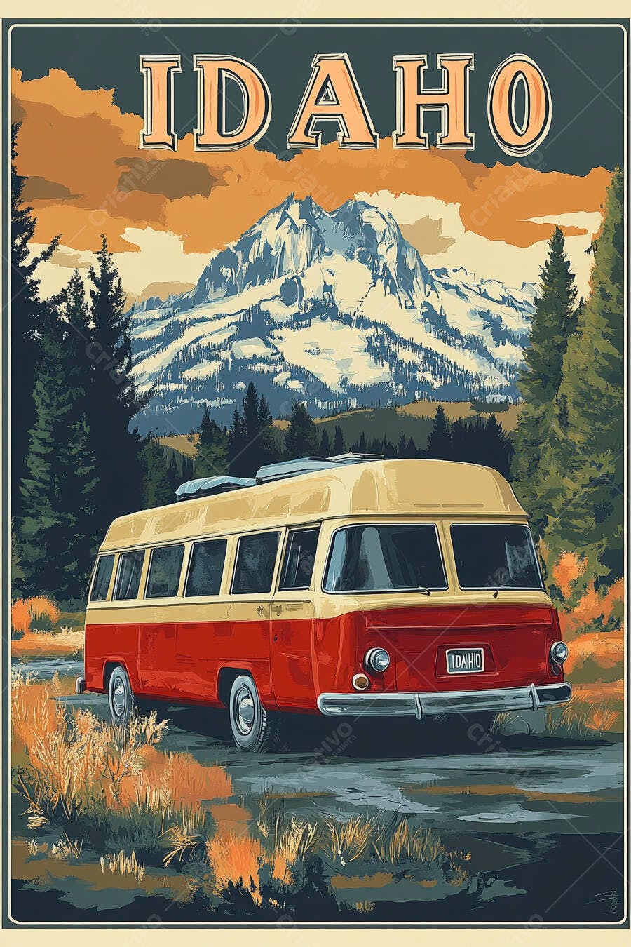 Van camper vermelha vintage em paisagem montanhosa de Idaho