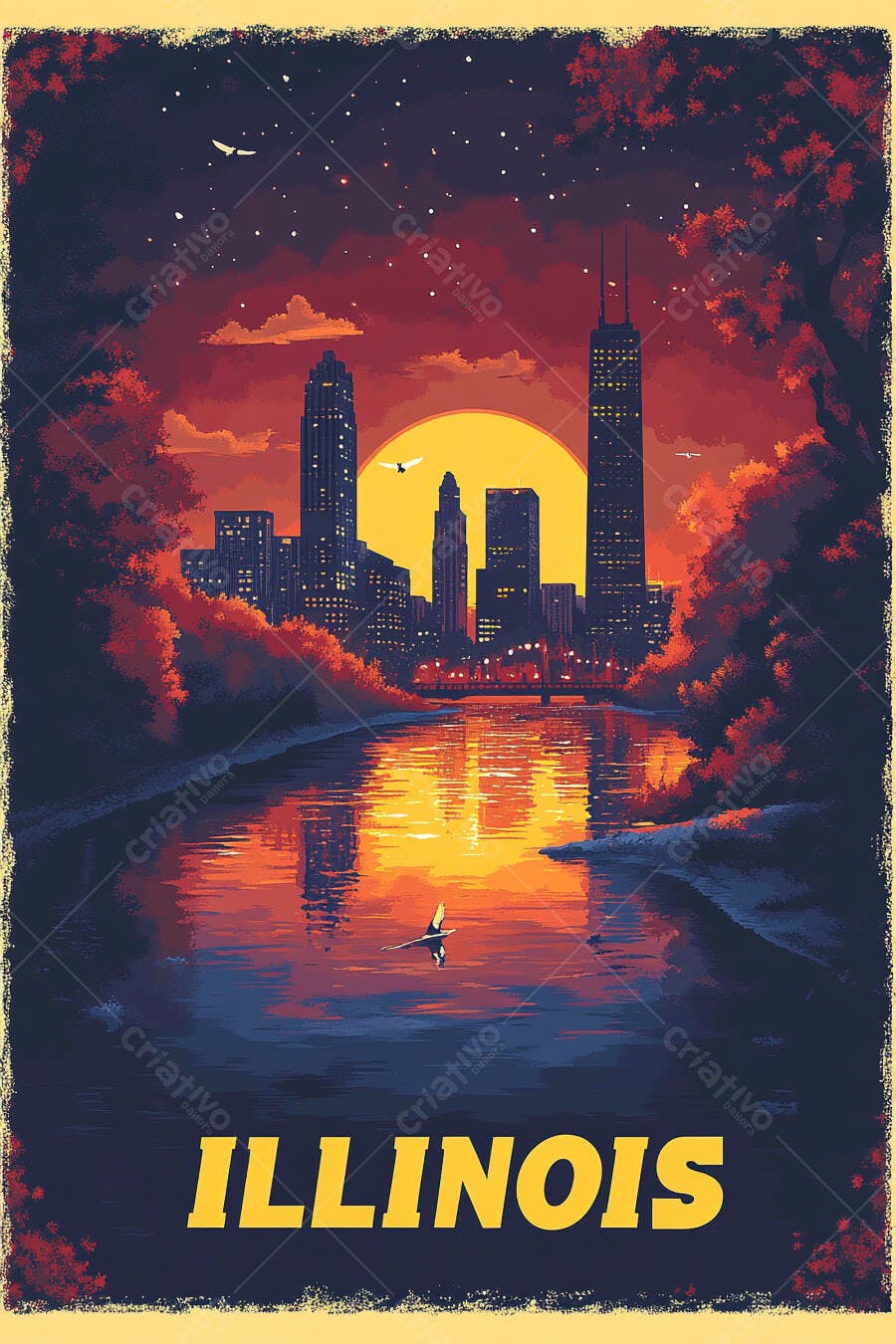 Pôster vintage Illinois skyline pôr do sol laranja no rio Chicago