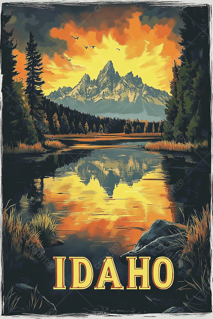 Cartaz vintage Idaho paisagem montanhosa com lago ao pôr do sol