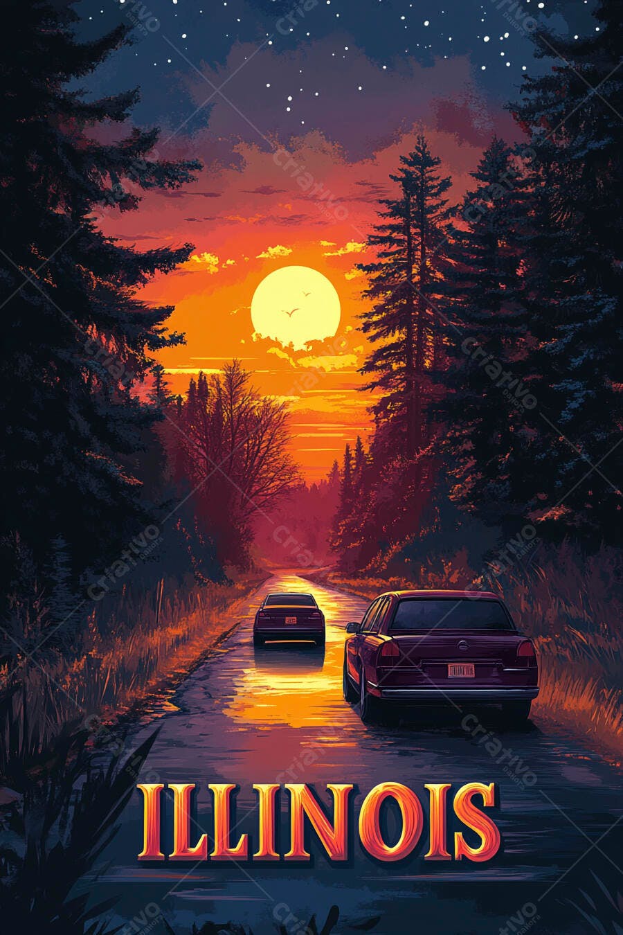 Pôr do sol laranja na estrada florestal com carros no Illinois
