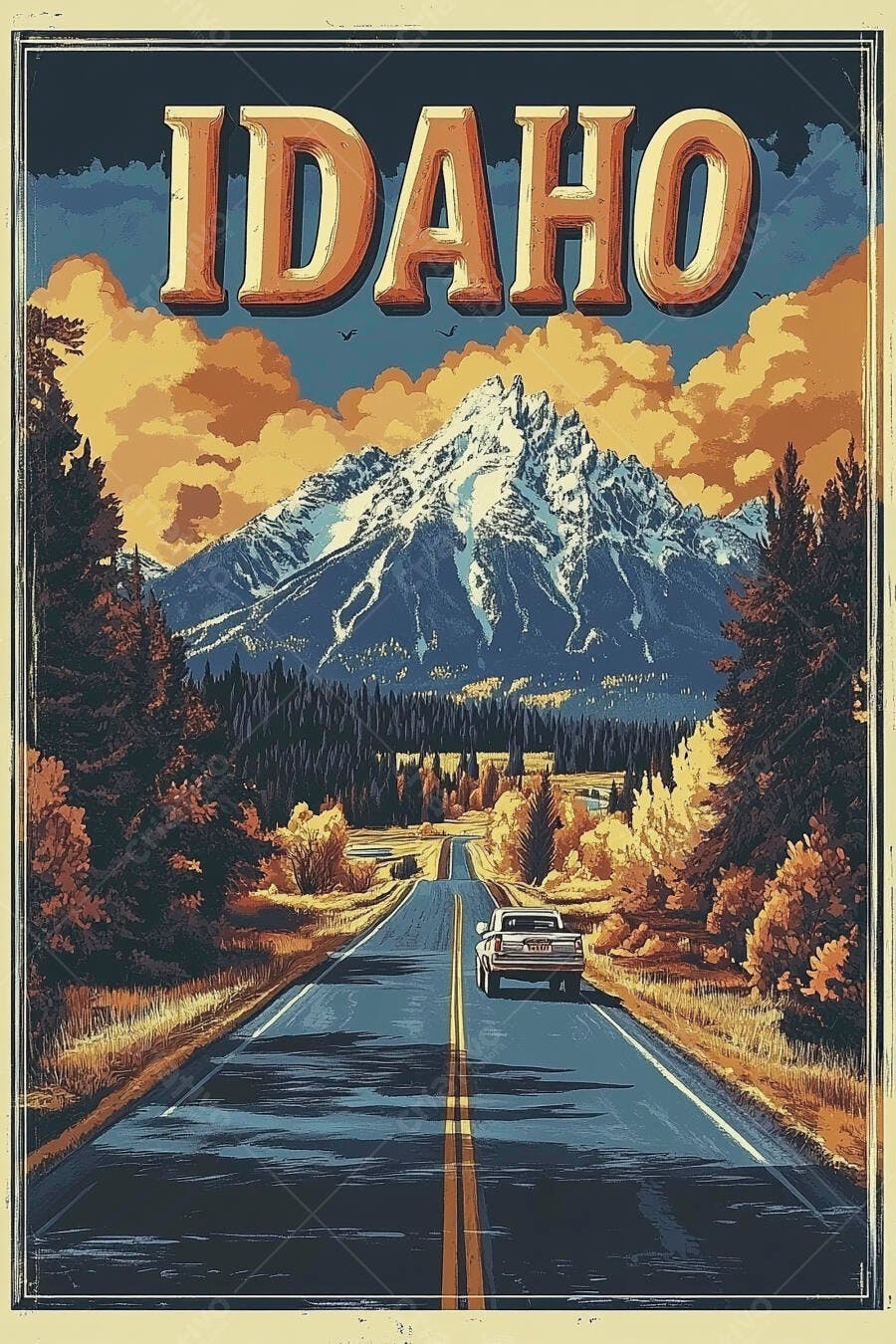 Poster vintage Idaho montanhas nevadas estrada e caminhonete