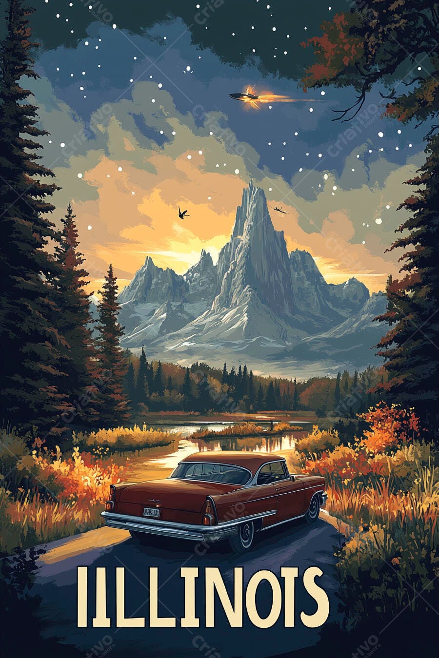 Carro clássico vermelho em paisagem montanhosa com UFO e pôr do sol Illinois