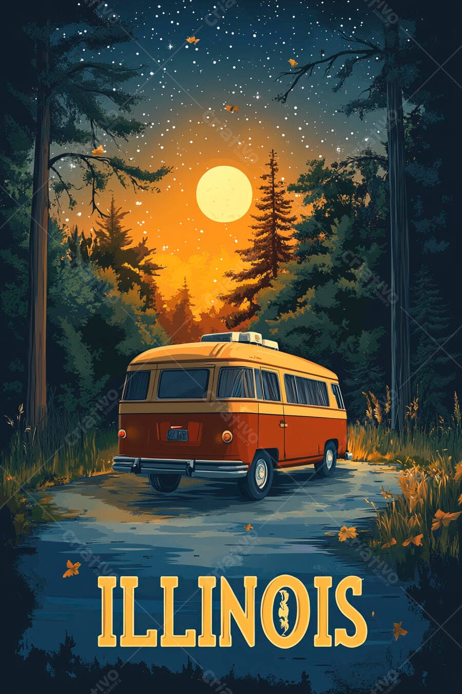 Kombi vintage laranja em estrada florestal noturna com lua cheia em Illinois