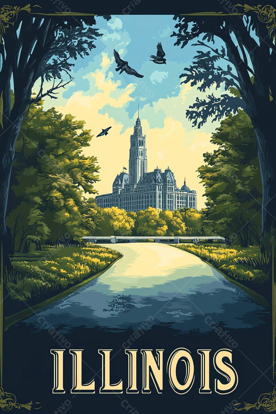 Poster de viagem vintage Illinois com edifício imponente parque e céu azul