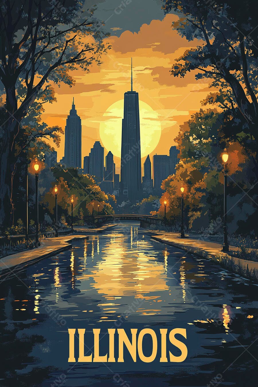Pôster ilustração pôr do sol urbano Illinois com canal e prédios altos